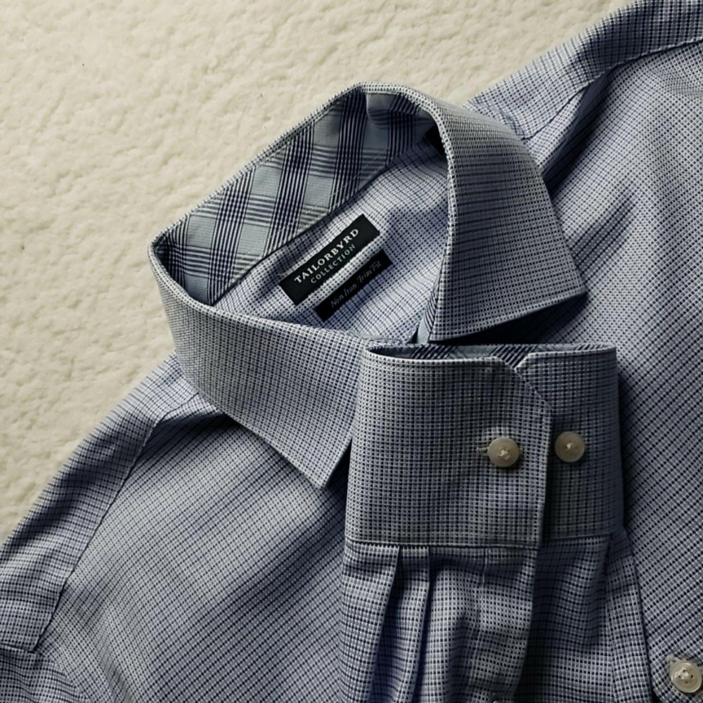 Tailorbyrd Dress Shirt Mens Small‎ Blue Check Slim Fit Non Iron Long Sleeve